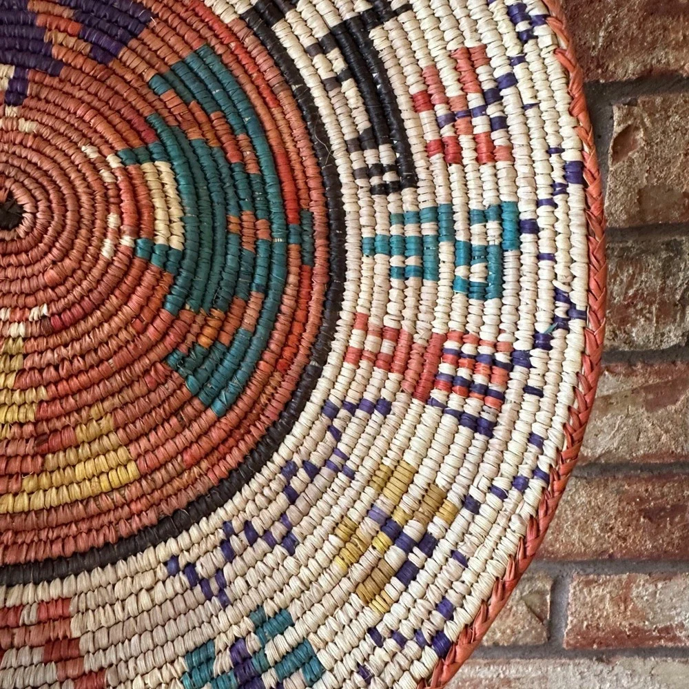 Vintage Southwestern Woven Coil Basket Wall Decor Tray 14 Inch Multicolor